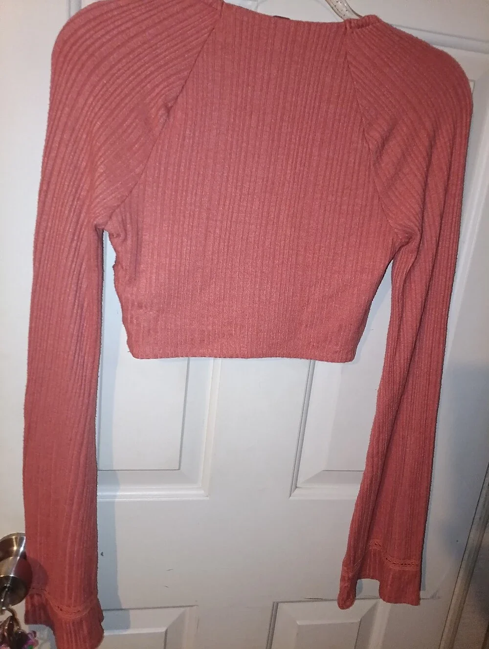 Free People Ribbed Long-Sleeve Crop Top\bell Sleeves\ Rose Rust Small